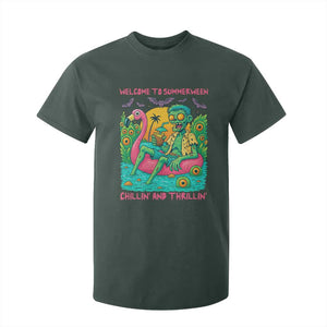 Summerween Zombie Pool Party T Shirt For Kid Chillin and Thrillin Flamingo Float Summer Halloween TS02 Dark Forest Green Print Your Wear