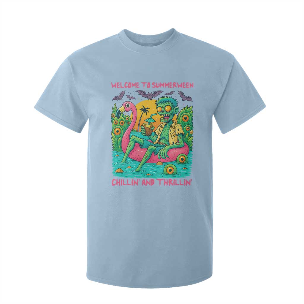 Summerween Zombie Pool Party T Shirt For Kid Chillin and Thrillin Flamingo Float Summer Halloween TS02 Light Blue Print Your Wear