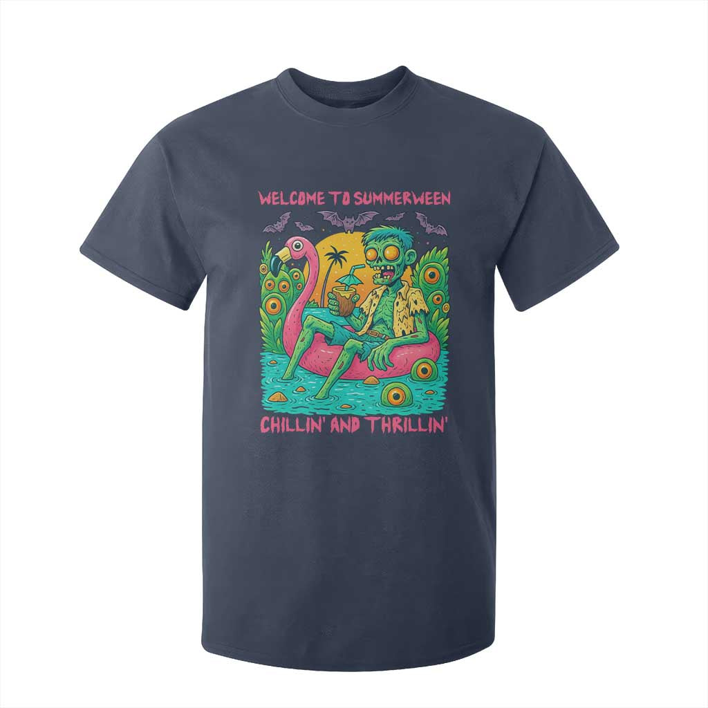 Summerween Zombie Pool Party T Shirt For Kid Chillin and Thrillin Flamingo Float Summer Halloween TS02 Navy Print Your Wear