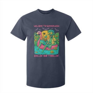 Summerween Zombie Pool Party T Shirt For Kid Chillin and Thrillin Flamingo Float Summer Halloween TS02 Navy Print Your Wear