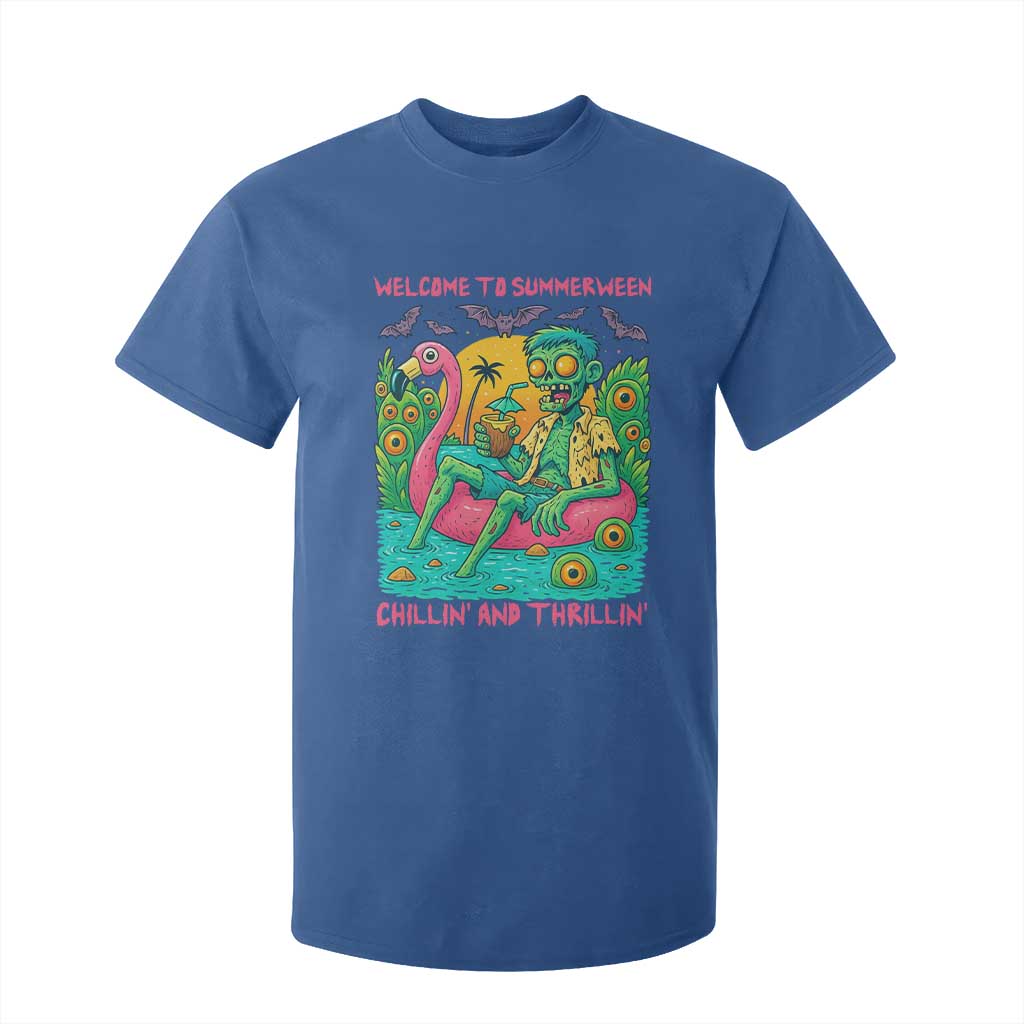 Summerween Zombie Pool Party T Shirt For Kid Chillin and Thrillin Flamingo Float Summer Halloween TS02 Royal Blue Print Your Wear