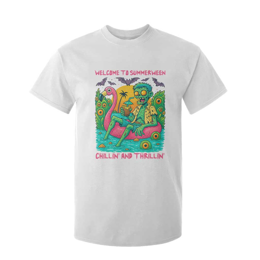 Summerween Zombie Pool Party T Shirt For Kid Chillin and Thrillin Flamingo Float Summer Halloween TS02 White Print Your Wear