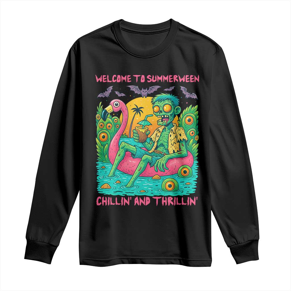 Summerween Zombie Pool Party Long Sleeve Shirt Chillin and Thrillin Flamingo Float Summer Halloween