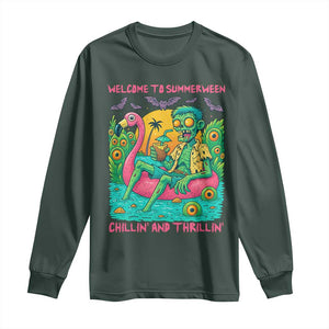 Summerween Zombie Pool Party Long Sleeve Shirt Chillin and Thrillin Flamingo Float Summer Halloween