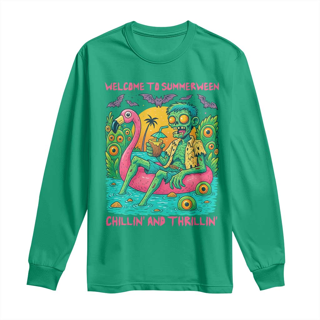Summerween Zombie Pool Party Long Sleeve Shirt Chillin and Thrillin Flamingo Float Summer Halloween