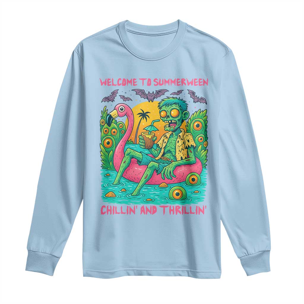 Summerween Zombie Pool Party Long Sleeve Shirt Chillin and Thrillin Flamingo Float Summer Halloween