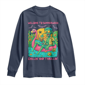 Summerween Zombie Pool Party Long Sleeve Shirt Chillin and Thrillin Flamingo Float Summer Halloween