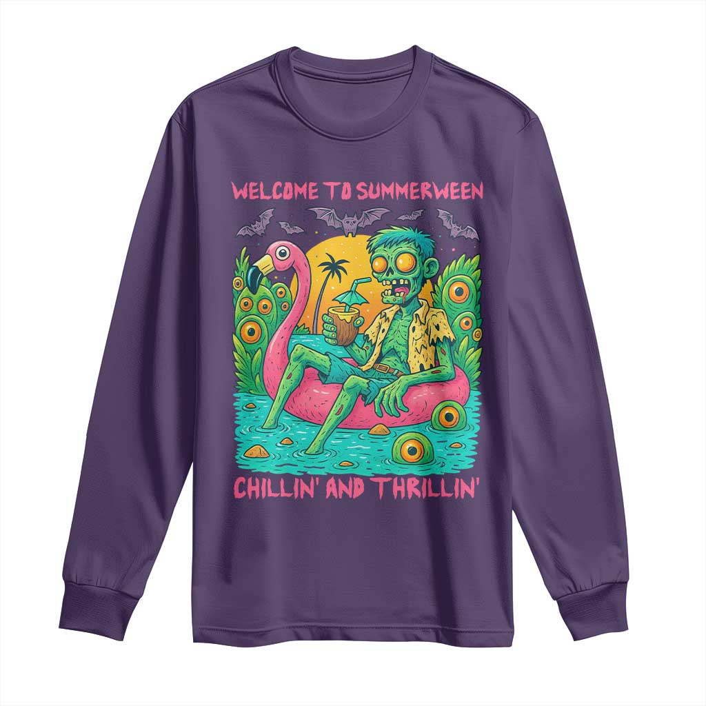 Summerween Zombie Pool Party Long Sleeve Shirt Chillin and Thrillin Flamingo Float Summer Halloween