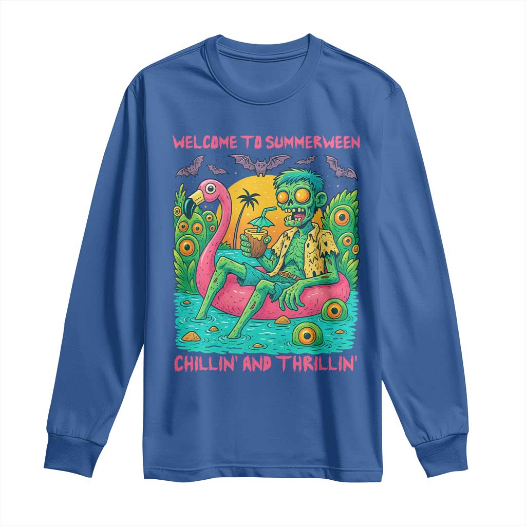 Summerween Zombie Pool Party Long Sleeve Shirt Chillin and Thrillin Flamingo Float Summer Halloween