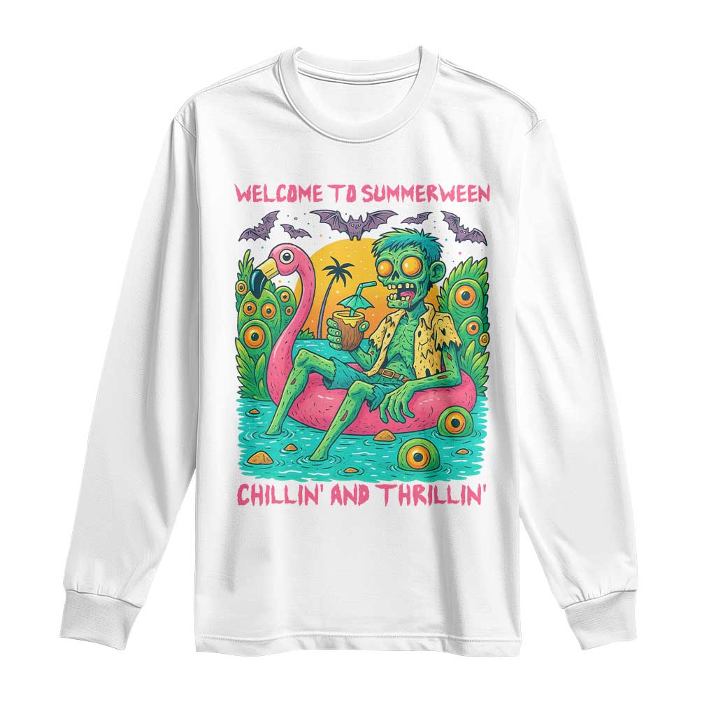 Summerween Zombie Pool Party Long Sleeve Shirt Chillin and Thrillin Flamingo Float Summer Halloween