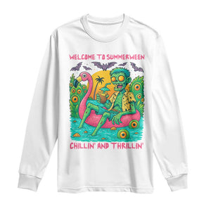 Summerween Zombie Pool Party Long Sleeve Shirt Chillin and Thrillin Flamingo Float Summer Halloween