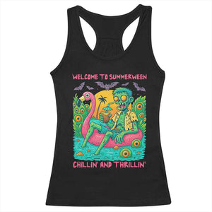Summerween Zombie Pool Party Racerback Tank Top Chillin and Thrillin Flamingo Float Summer Halloween TS02 Black Print Your Wear