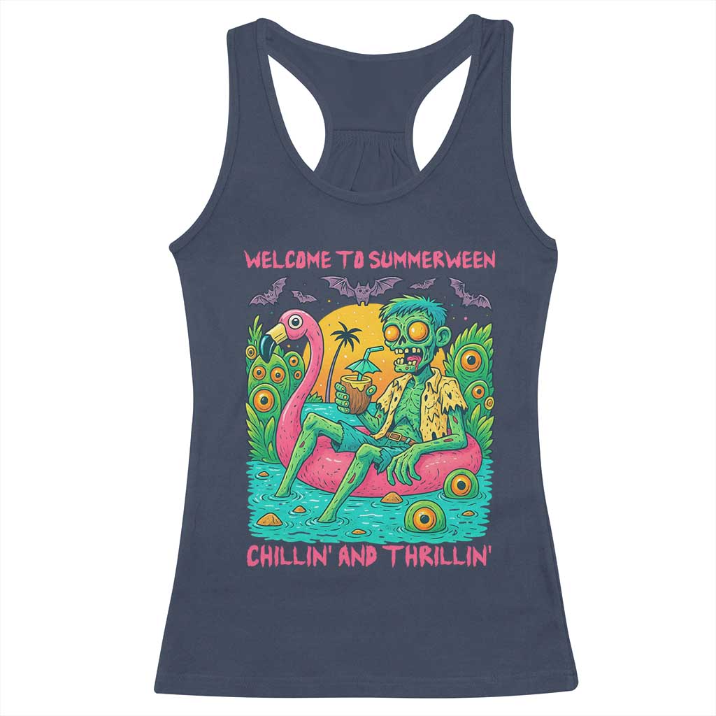 Summerween Zombie Pool Party Racerback Tank Top Chillin and Thrillin Flamingo Float Summer Halloween TS02 Navy Print Your Wear