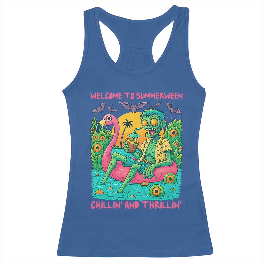 Summerween Zombie Pool Party Racerback Tank Top Chillin and Thrillin Flamingo Float Summer Halloween TS02 Royal Blue Print Your Wear