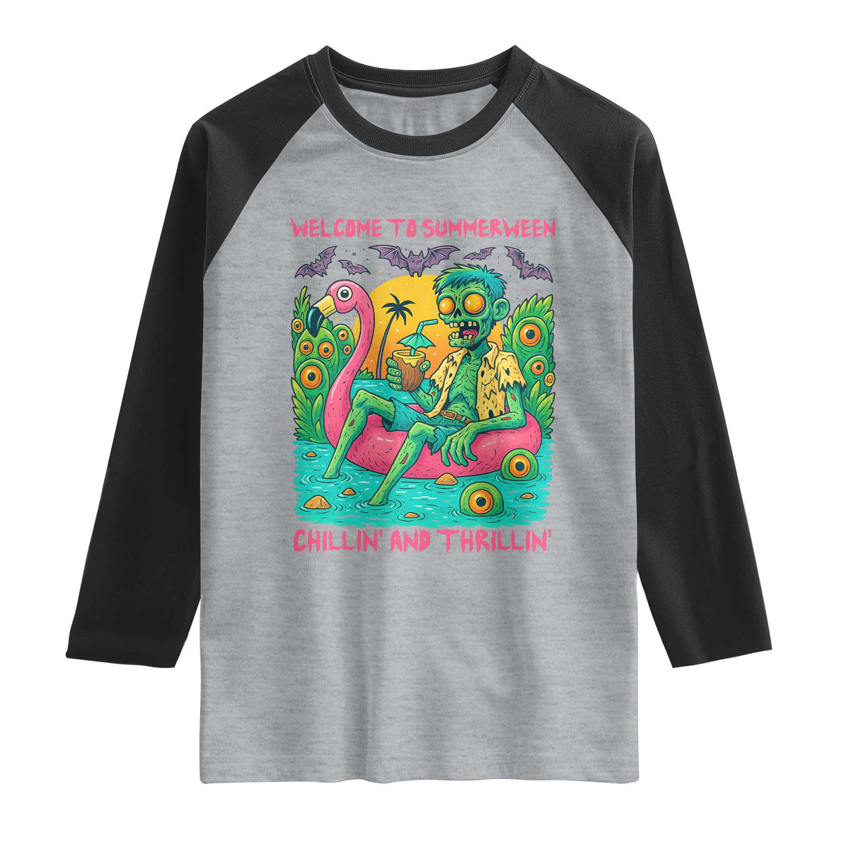 Summerween Zombie Pool Party Raglan Shirt Chillin and Thrillin Flamingo Float Summer Halloween TS02 Heather Gray Black Print Your Wear