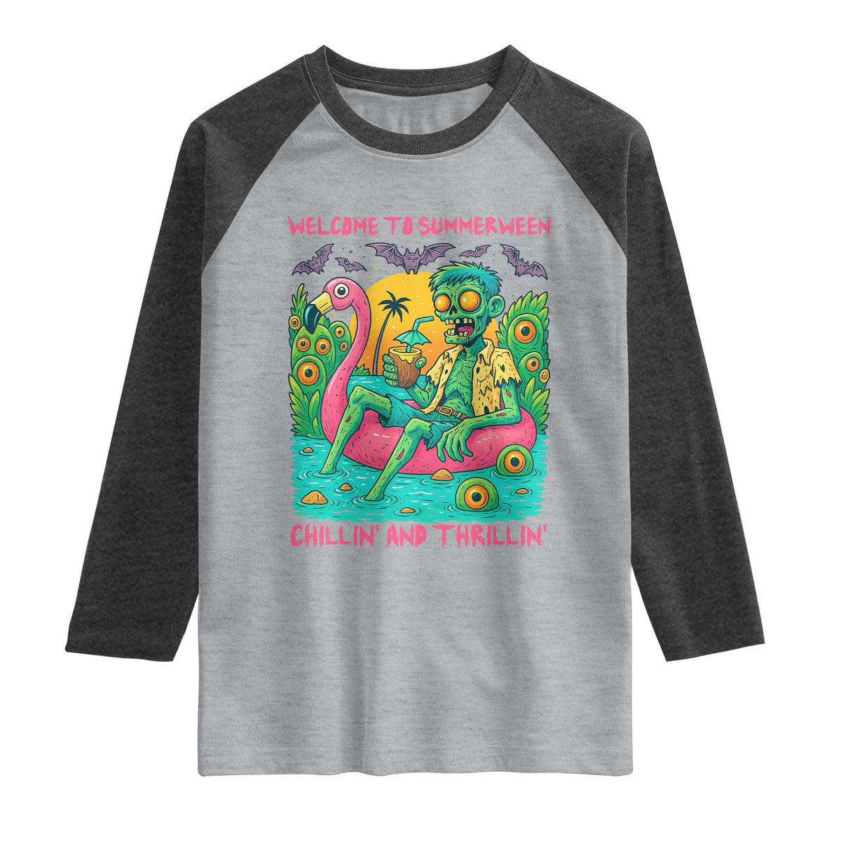 Summerween Zombie Pool Party Raglan Shirt Chillin and Thrillin Flamingo Float Summer Halloween TS02 Heather Gray Heather Charcoal Print Your Wear