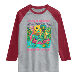 Summerween Zombie Pool Party Raglan Shirt Chillin and Thrillin Flamingo Float Summer Halloween TS02 Heather Gray Heather Red Print Your Wear