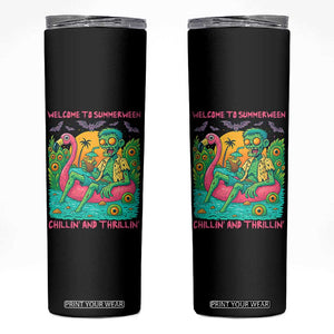 Summerween Zombie Pool Party Skinny Tumbler Chillin and Thrillin Flamingo Float Summer Halloween TS02 Black Print Your Wear
