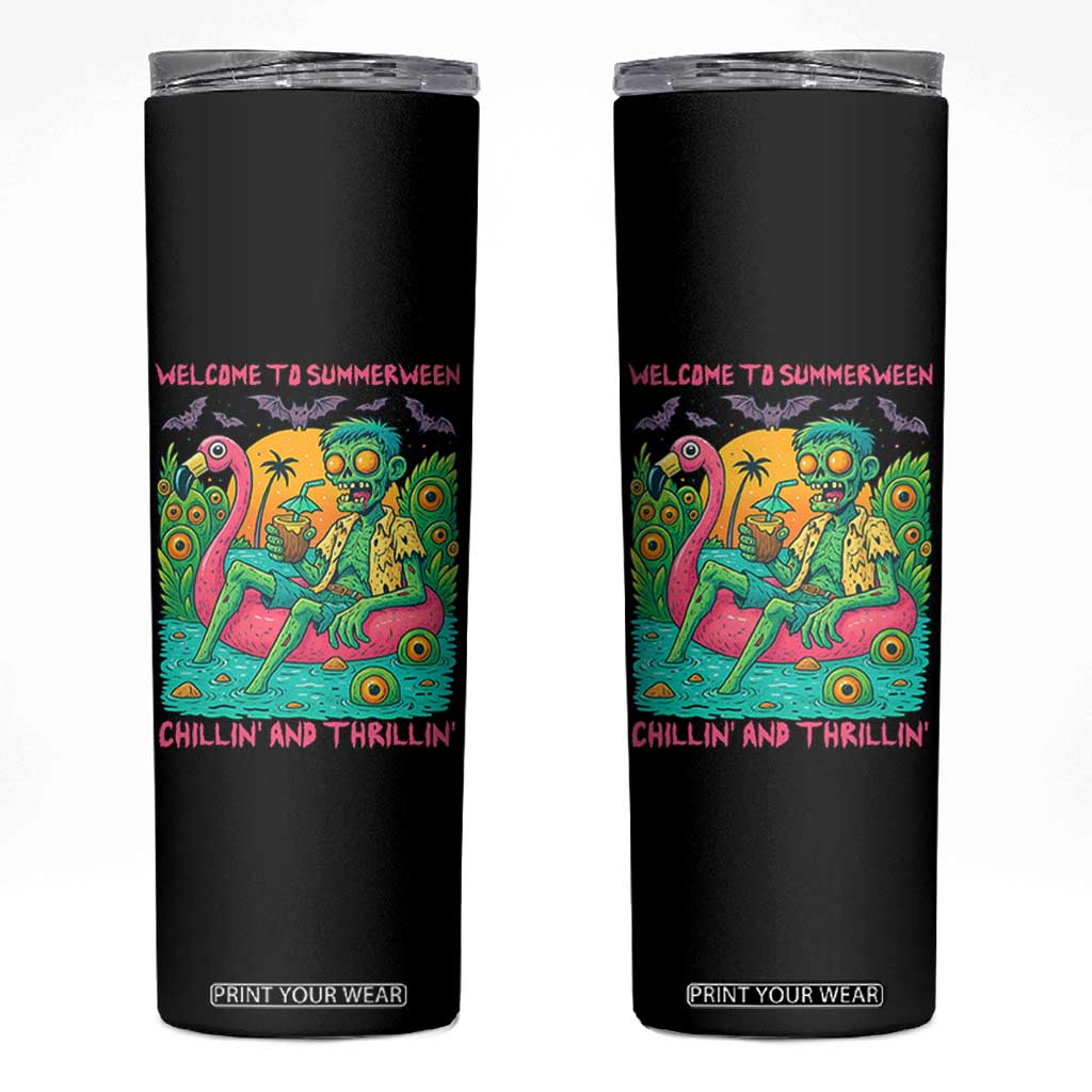 Summerween Zombie Pool Party Skinny Tumbler Chillin and Thrillin Flamingo Float Summer Halloween TS02 Black Print Your Wear