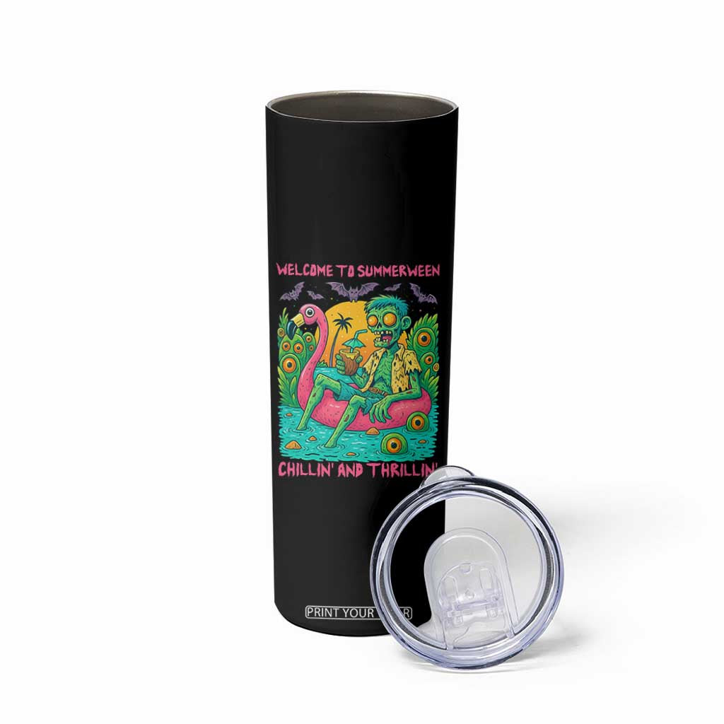 Summerween Zombie Pool Party Skinny Tumbler Chillin and Thrillin Flamingo Float Summer Halloween TS02 Print Your Wear