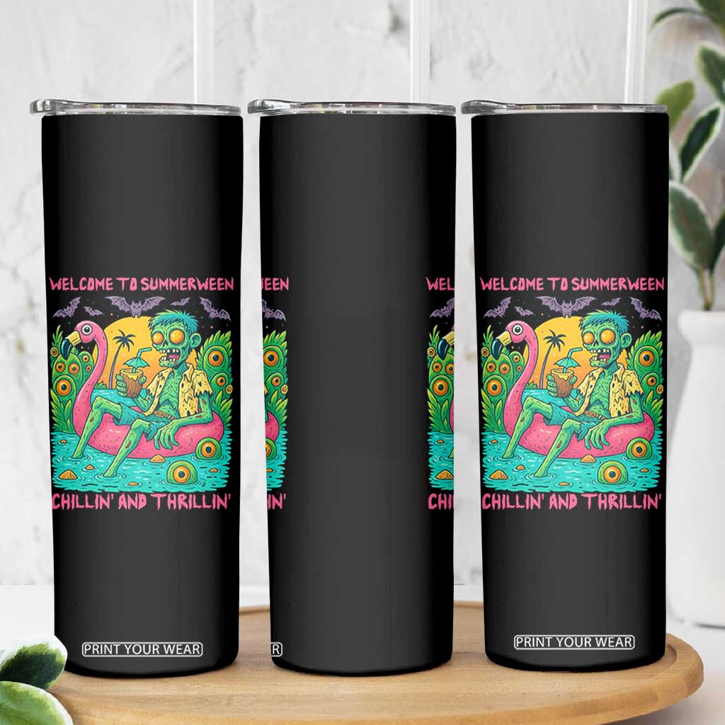 Summerween Zombie Pool Party Skinny Tumbler Chillin and Thrillin Flamingo Float Summer Halloween TS02 Print Your Wear