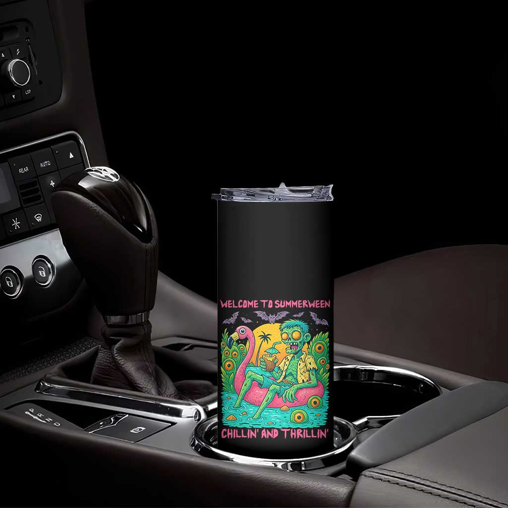 Summerween Zombie Pool Party Skinny Tumbler Chillin and Thrillin Flamingo Float Summer Halloween TS02 Print Your Wear