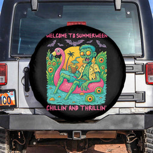 Summerween Zombie Pool Party Spare Tire Cover Chillin and Thrillin Flamingo Float Summer Halloween TS02 No hole Black Print Your Wear