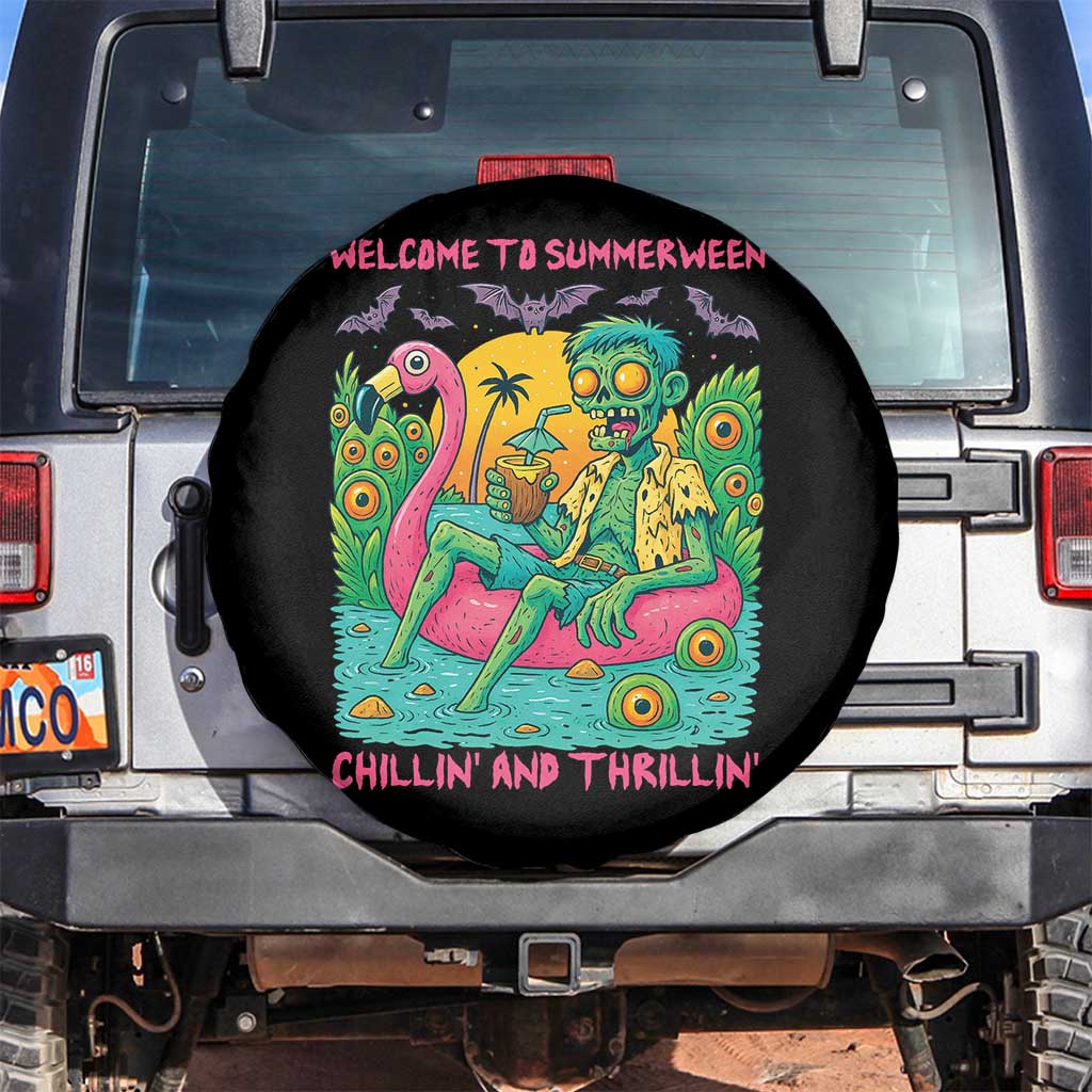 Summerween Zombie Pool Party Spare Tire Cover Chillin and Thrillin Flamingo Float Summer Halloween TS02 No hole Black Print Your Wear