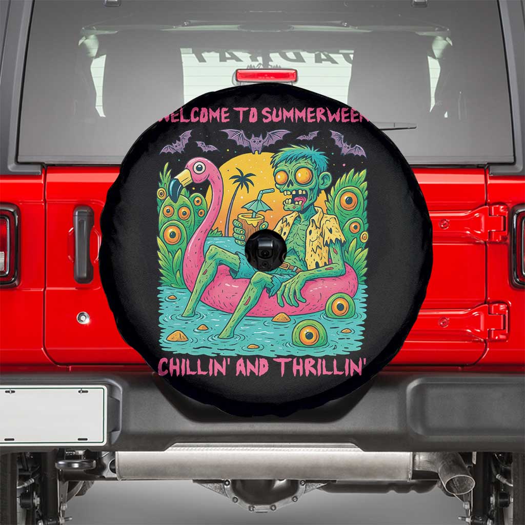 Summerween Zombie Pool Party Spare Tire Cover Chillin and Thrillin Flamingo Float Summer Halloween TS02 Black Print Your Wear