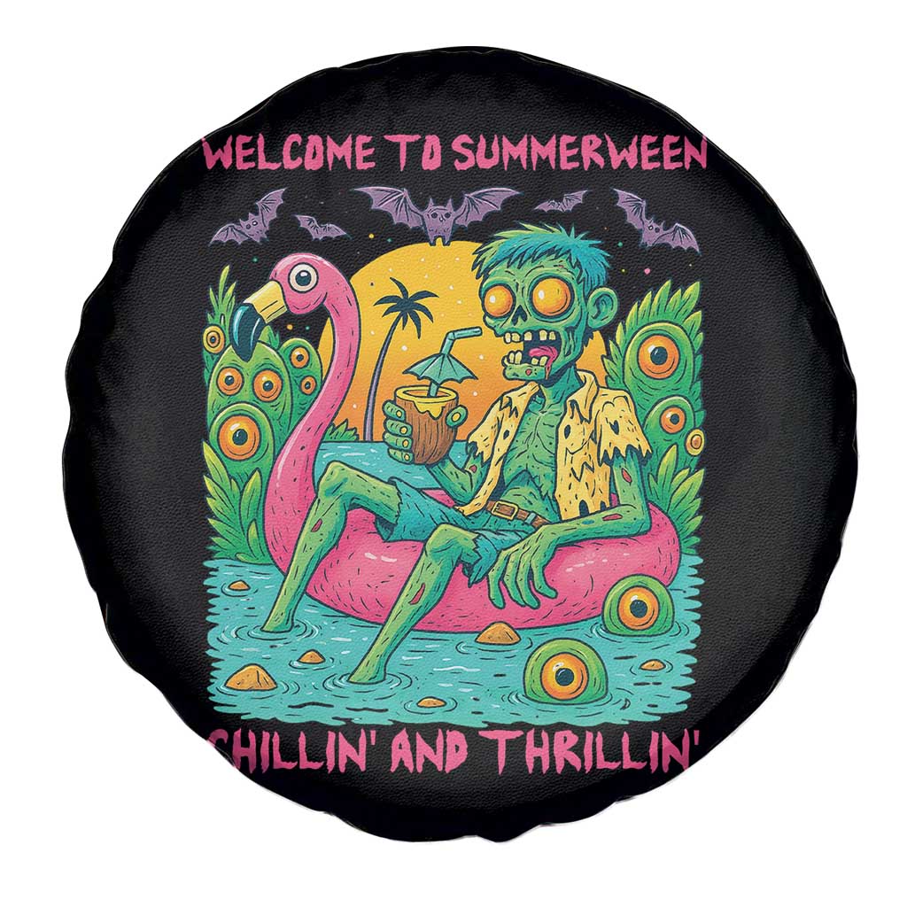 Summerween Zombie Pool Party Spare Tire Cover Chillin and Thrillin Flamingo Float Summer Halloween TS02 Print Your Wear