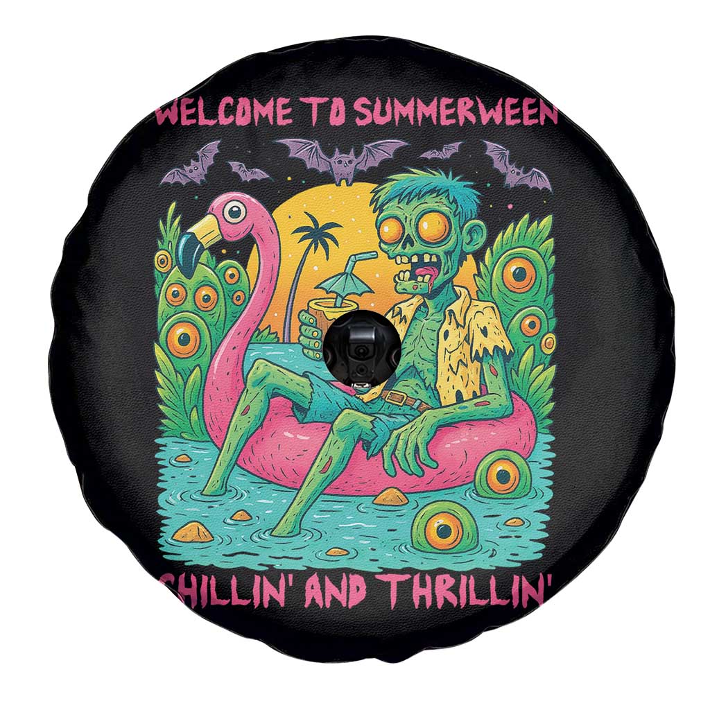 Summerween Zombie Pool Party Spare Tire Cover Chillin and Thrillin Flamingo Float Summer Halloween TS02 Print Your Wear