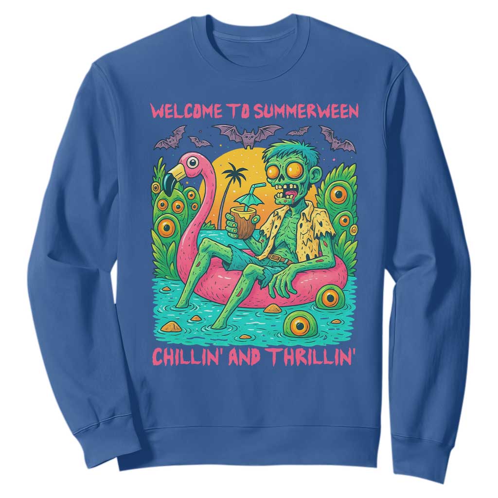 Summerween Zombie Pool Party Sweatshirt Chillin and Thrillin Flamingo Float Summer Halloween TS02 Royal Blue Print Your Wear