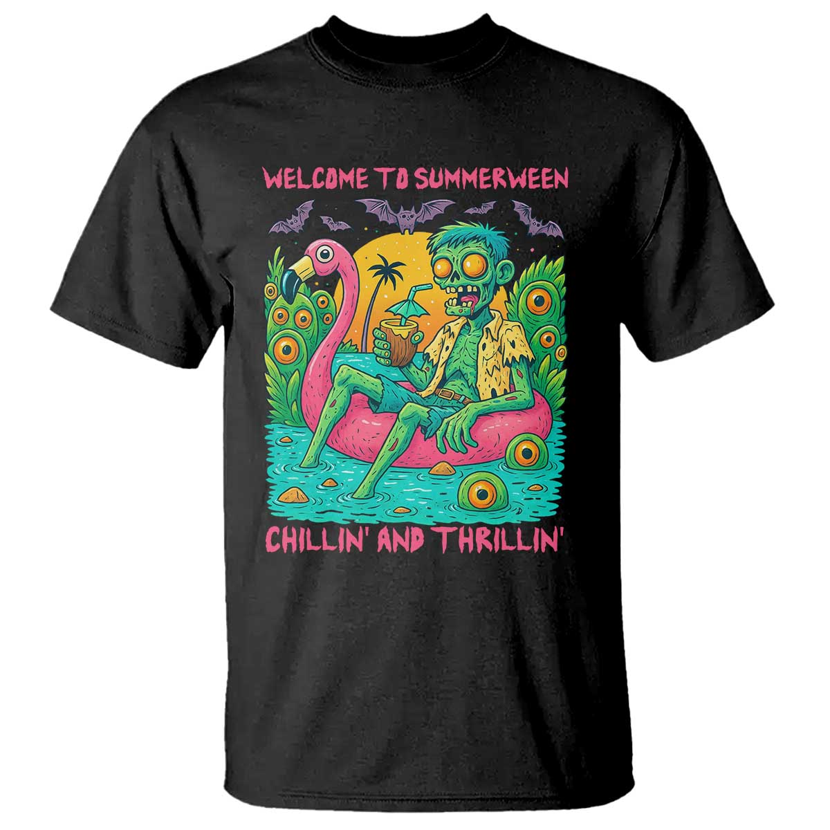 Summerween Zombie Pool Party T Shirt Chillin and Thrillin Flamingo Float Summer Halloween TS02 Black Print Your Wear