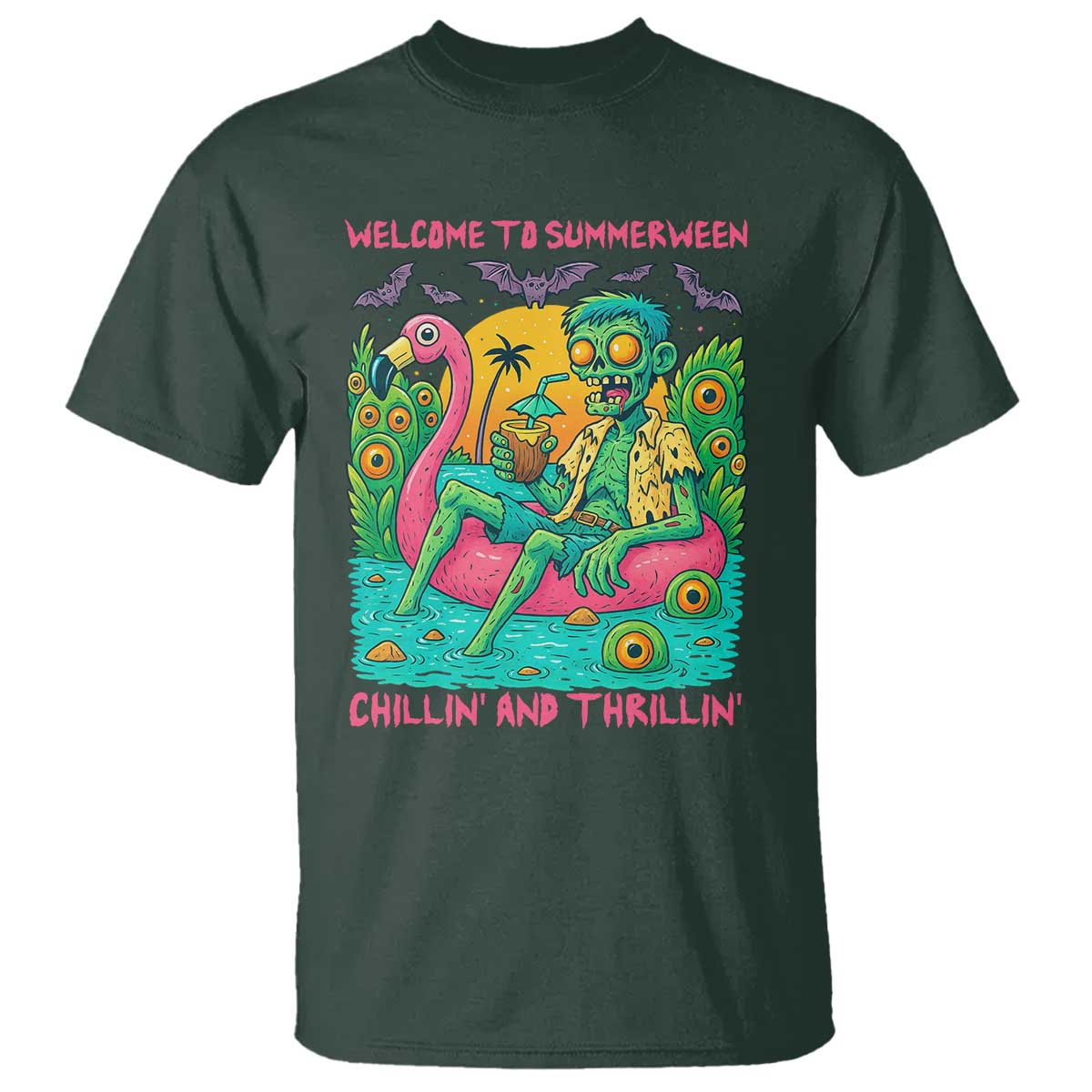 Summerween Zombie Pool Party T Shirt Chillin and Thrillin Flamingo Float Summer Halloween TS02 Dark Forest Green Print Your Wear