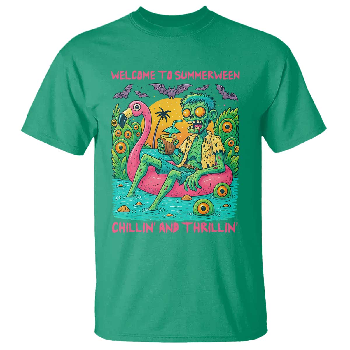 Summerween Zombie Pool Party T Shirt Chillin and Thrillin Flamingo Float Summer Halloween TS02 Irish Green Print Your Wear