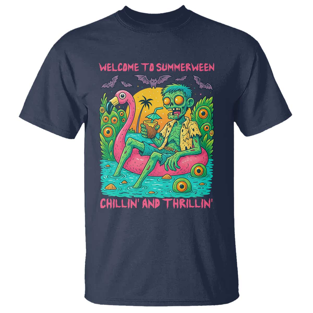 Summerween Zombie Pool Party T Shirt Chillin and Thrillin Flamingo Float Summer Halloween TS02 Navy Print Your Wear