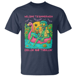 Summerween Zombie Pool Party T Shirt Chillin and Thrillin Flamingo Float Summer Halloween TS02 Navy Print Your Wear