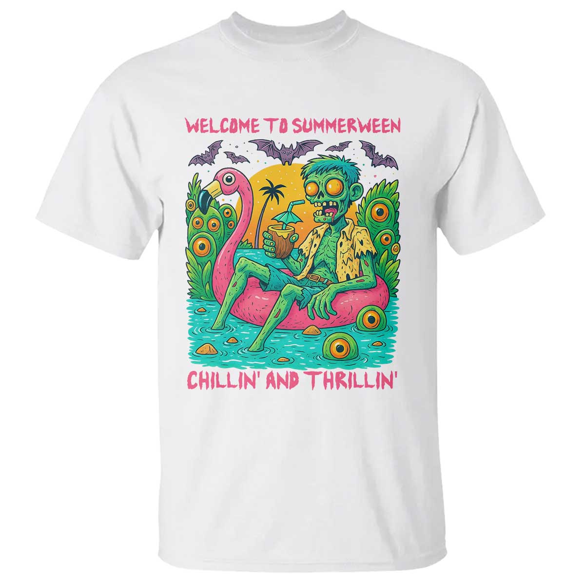 Summerween Zombie Pool Party T Shirt Chillin and Thrillin Flamingo Float Summer Halloween TS02 White Print Your Wear