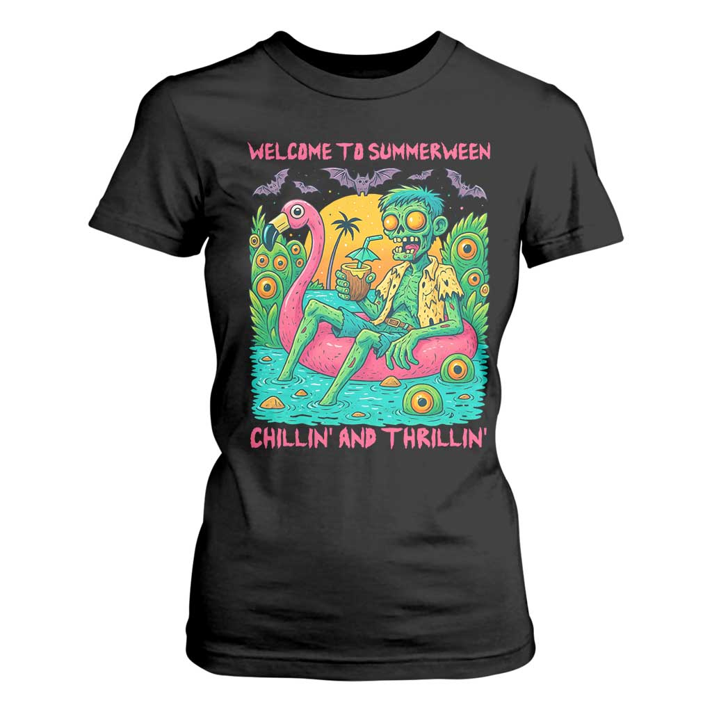 Summerween Zombie Pool Party T Shirt For Women Chillin and Thrillin Flamingo Float Summer Halloween TS02 Black Print Your Wear