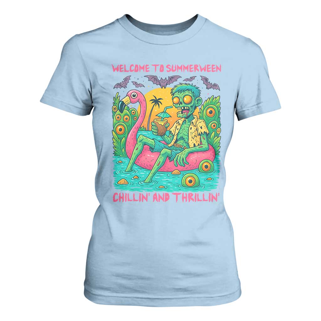 Summerween Zombie Pool Party T Shirt For Women Chillin and Thrillin Flamingo Float Summer Halloween TS02 Light Blue Print Your Wear