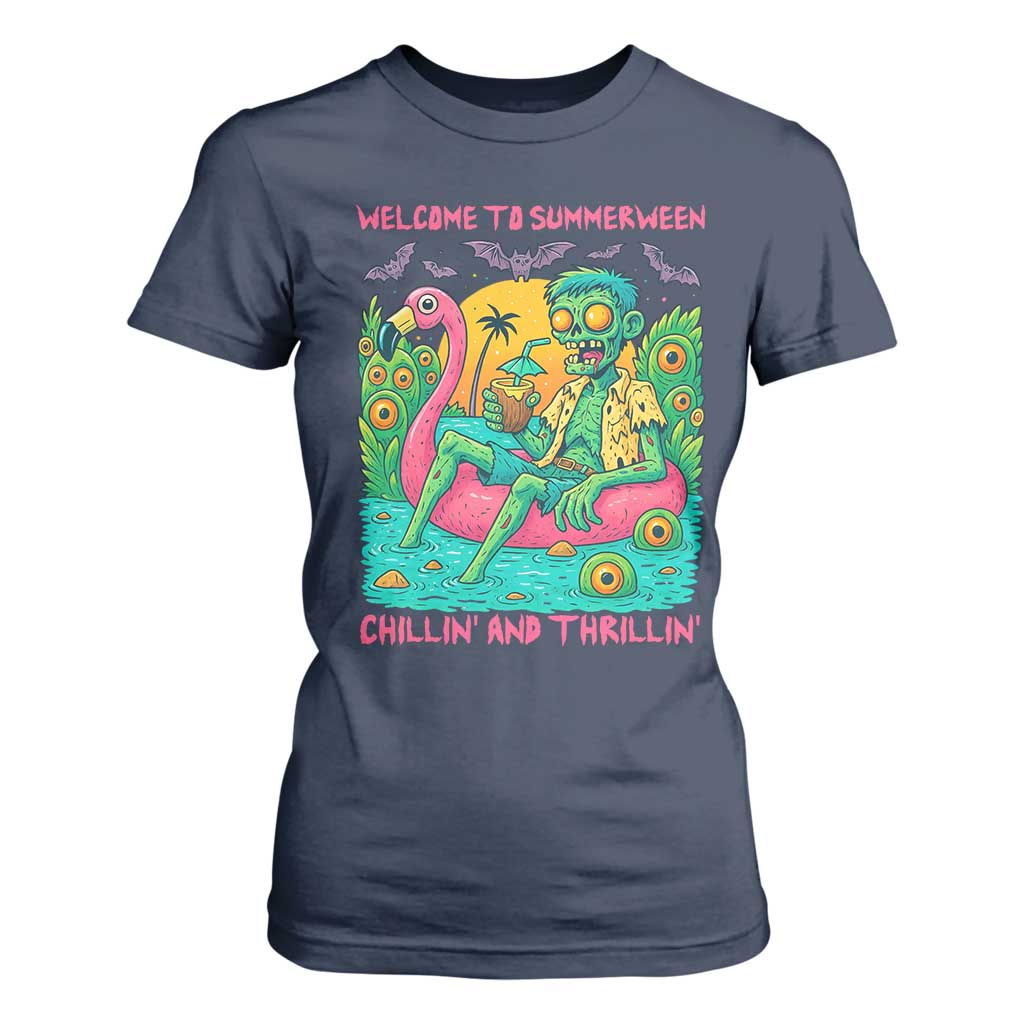 Summerween Zombie Pool Party T Shirt For Women Chillin and Thrillin Flamingo Float Summer Halloween TS02 Navy Print Your Wear