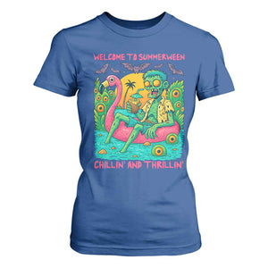 Summerween Zombie Pool Party T Shirt For Women Chillin and Thrillin Flamingo Float Summer Halloween TS02 Royal Blue Print Your Wear
