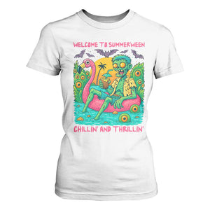 Summerween Zombie Pool Party T Shirt For Women Chillin and Thrillin Flamingo Float Summer Halloween TS02 White Print Your Wear
