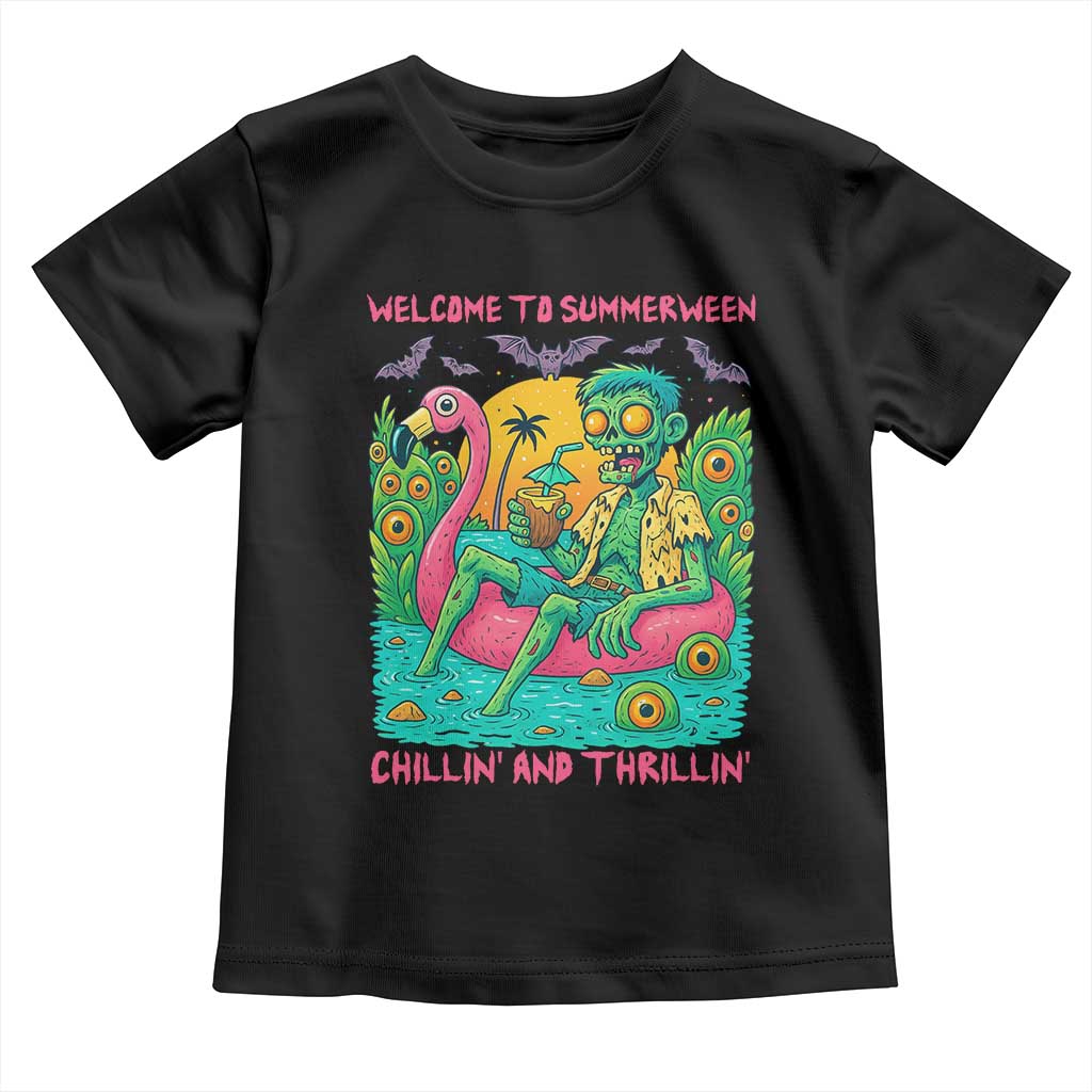 Summerween Zombie Pool Party Toddler T Shirt Chillin and Thrillin Flamingo Float Summer Halloween TS02 Black Print Your Wear
