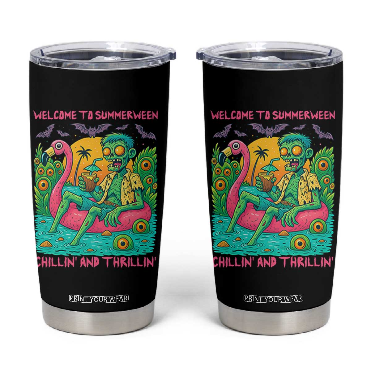 Summerween Zombie Pool Party Tumbler Cup Chillin and Thrillin Flamingo Float Summer Halloween TS02 Black Print Your Wear