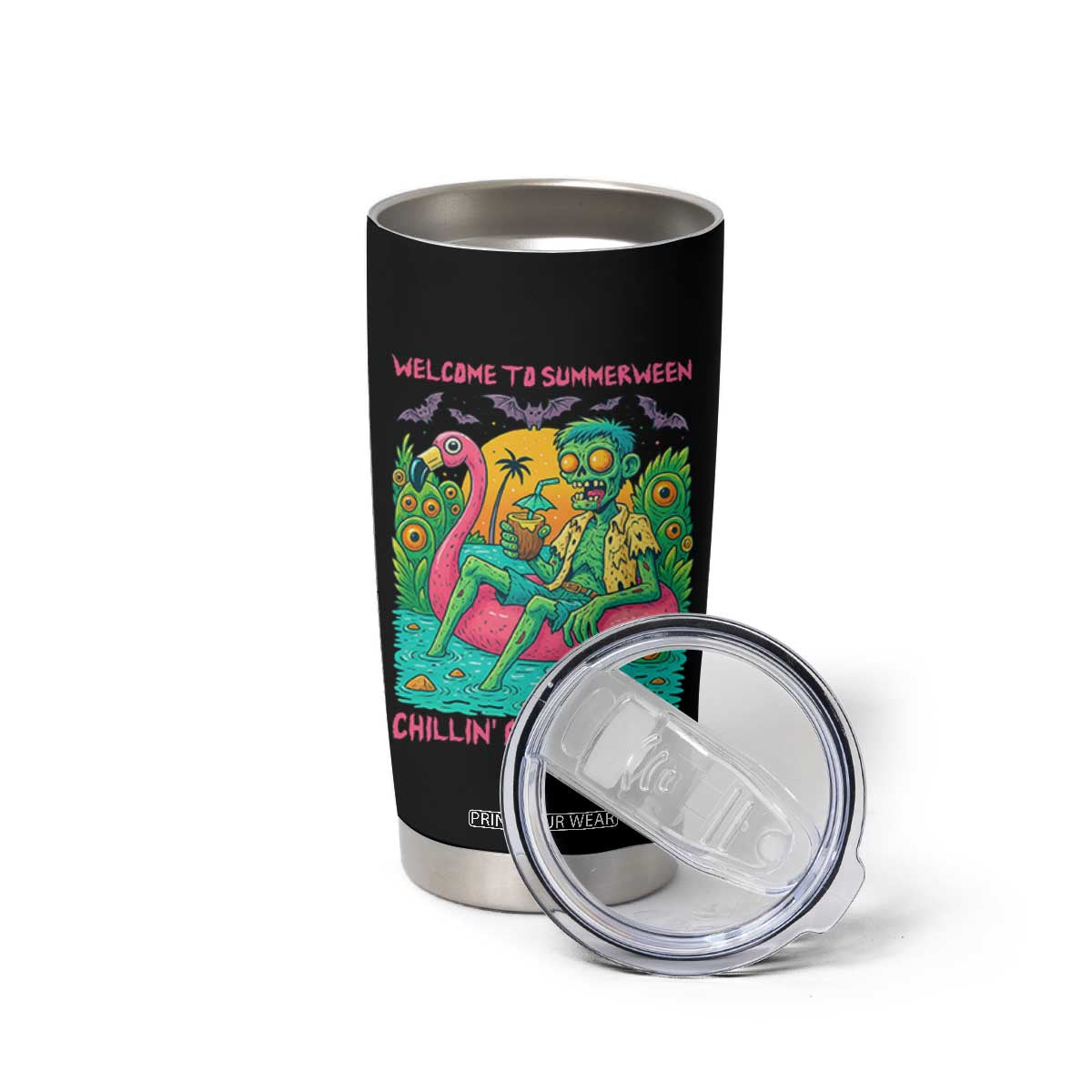 Summerween Zombie Pool Party Tumbler Cup Chillin and Thrillin Flamingo Float Summer Halloween TS02 Print Your Wear