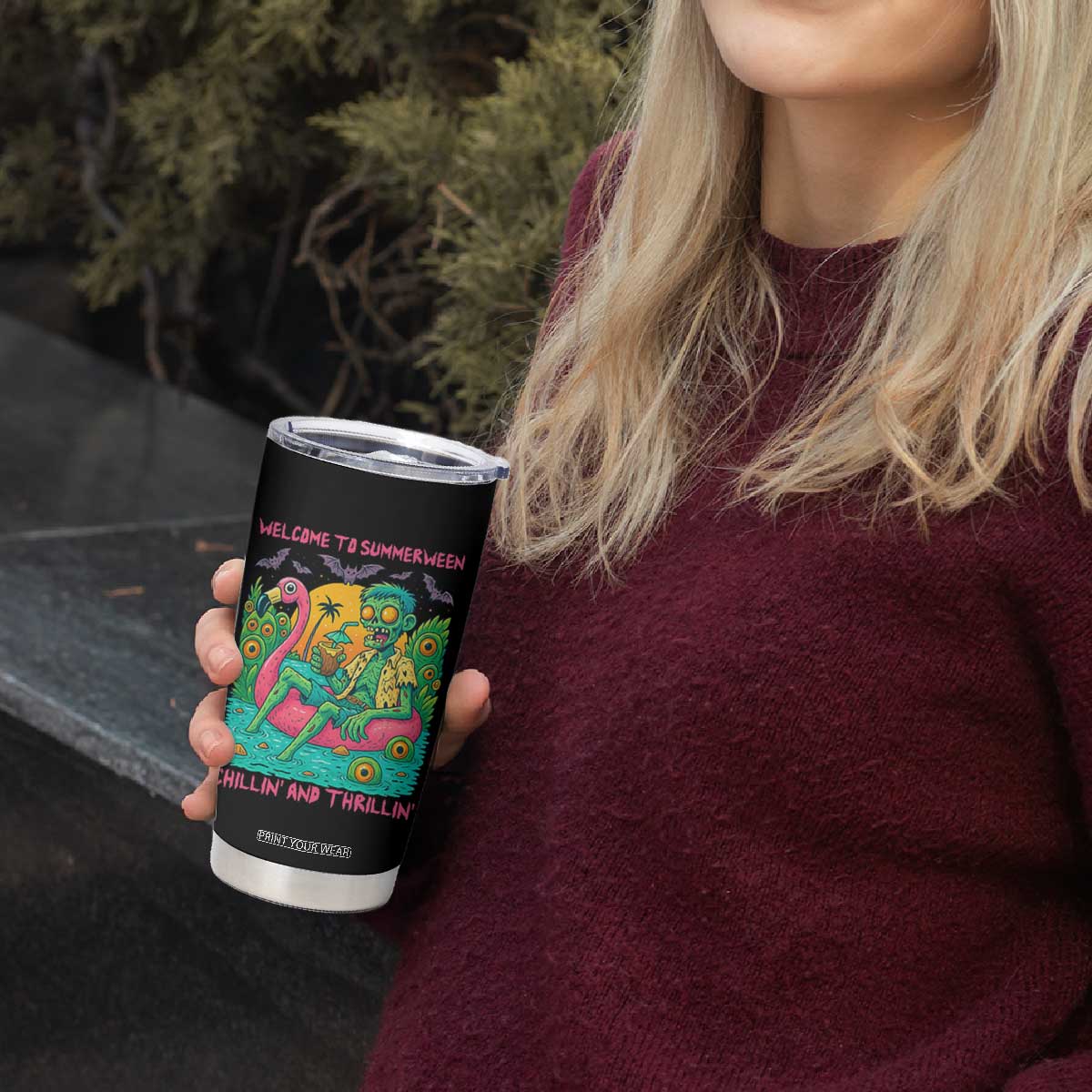 Summerween Zombie Pool Party Tumbler Cup Chillin and Thrillin Flamingo Float Summer Halloween TS02 Print Your Wear