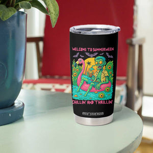 Summerween Zombie Pool Party Tumbler Cup Chillin and Thrillin Flamingo Float Summer Halloween TS02 Print Your Wear