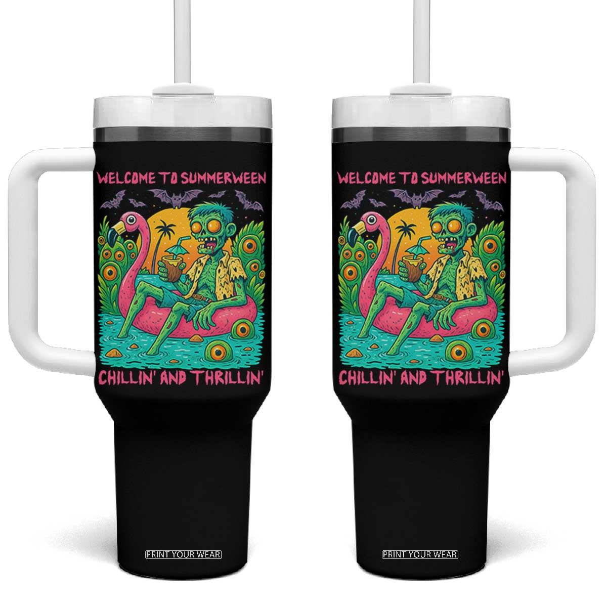 Summerween Zombie Pool Party Tumbler With Handle Chillin and Thrillin Flamingo Float Summer Halloween TS02 One Size: 40 oz Black Print Your Wear