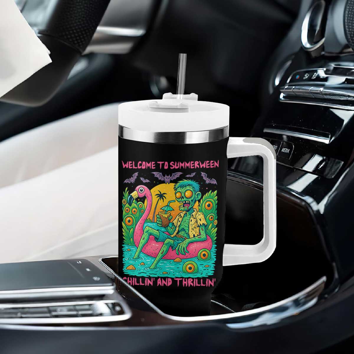 Summerween Zombie Pool Party Tumbler With Handle Chillin and Thrillin Flamingo Float Summer Halloween TS02 Print Your Wear